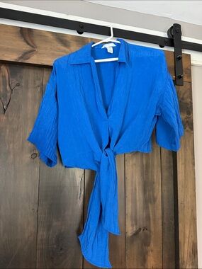 H&M Electric Blue Tie-Front Cropped Blouse
